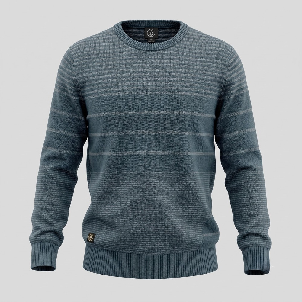 Volcom Mens Large Blue Striped Sweater Bailey Crew Neck 100% Cotton‎ Knit